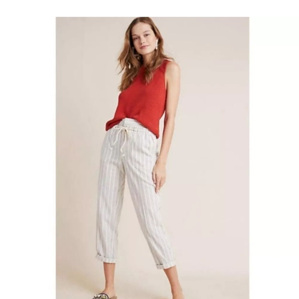 Anthropologie Off White Linen Blend Summer Beachy striped pants size S